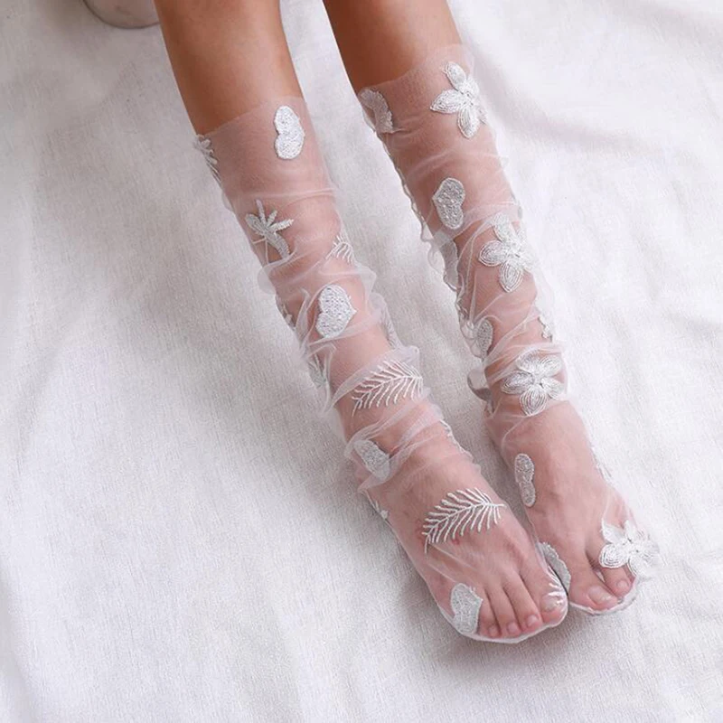 Сексуальные тюлевые носки с сердечками и перьями женские прозрачные тонкие длинные носки женское платье шифоновые кружевные носки уличная одежда calcetines