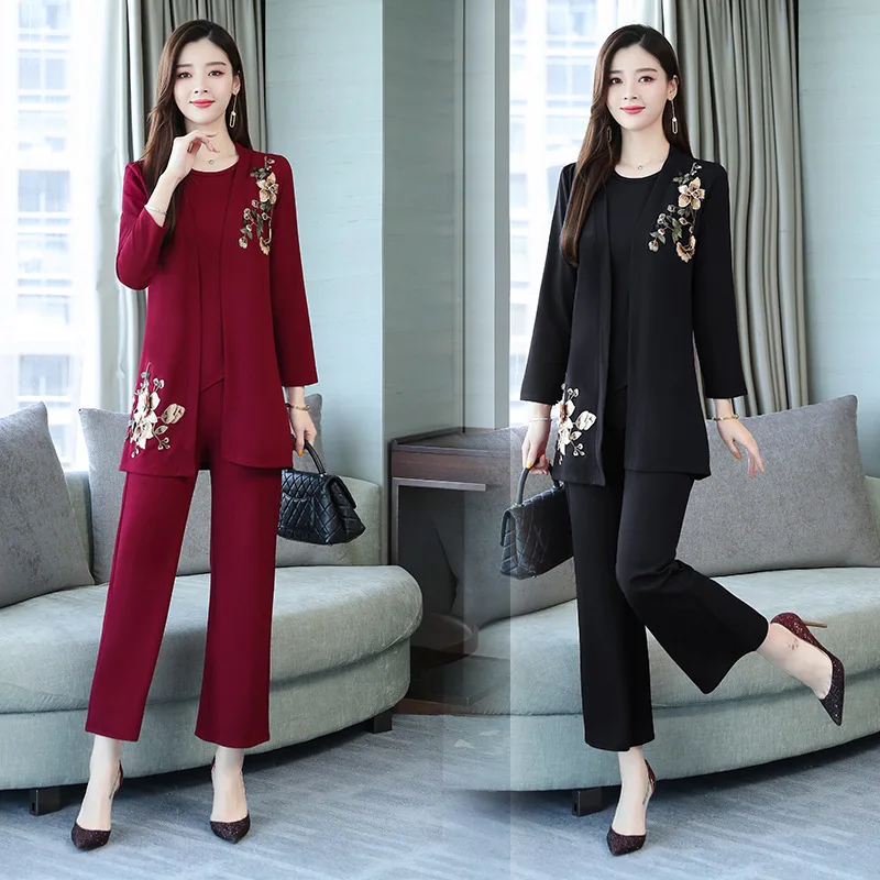 

Mom Autumn Clothing Three-piece Set 2019 New Style Knitted Cardigan Tops Fashion Middle Aged And Elderly People WOMEN'S Dress Ku