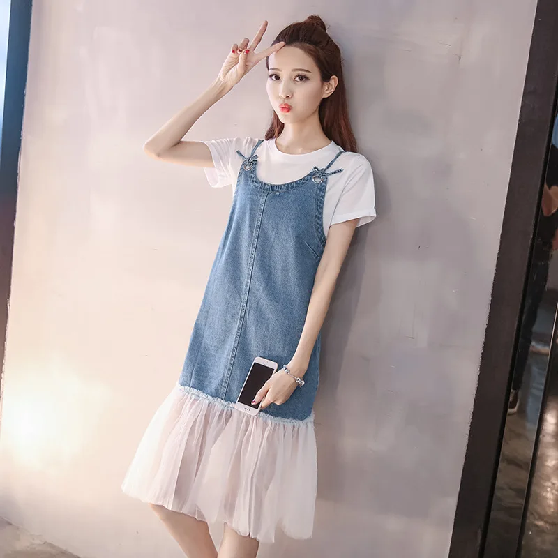 

2019 Summer New Style Korean-style WOMEN'S Wear Chiffon Joint Pleated Cowboy Strapped Dress