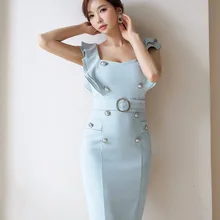 Летняя женская одежда, корейский стиль, приталенное, средней длины, двубортное, с поясом, облегающее, базовое платье