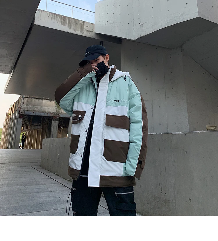 FUODRAO Loose Thicken Warm Winter Parka Men Patchwork Jackets Coats Male Harajuku Jacket Mans Outwear Hooded Windbreaker J208