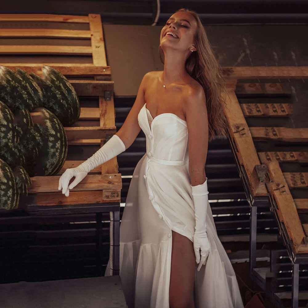 UZN Boho A-Ling High Low Wedding Dress Sweetheart Strapless Buttons Pleated Organza Satin Bridal Gowns Russia Elegant Brides