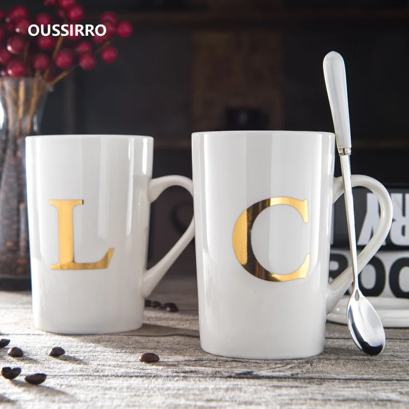 

OUSSIRRO 420ml Ceramic Coffee Mugs Couple Theme Lucky Mug with Lid and Spoon Christmas Gift for Friends