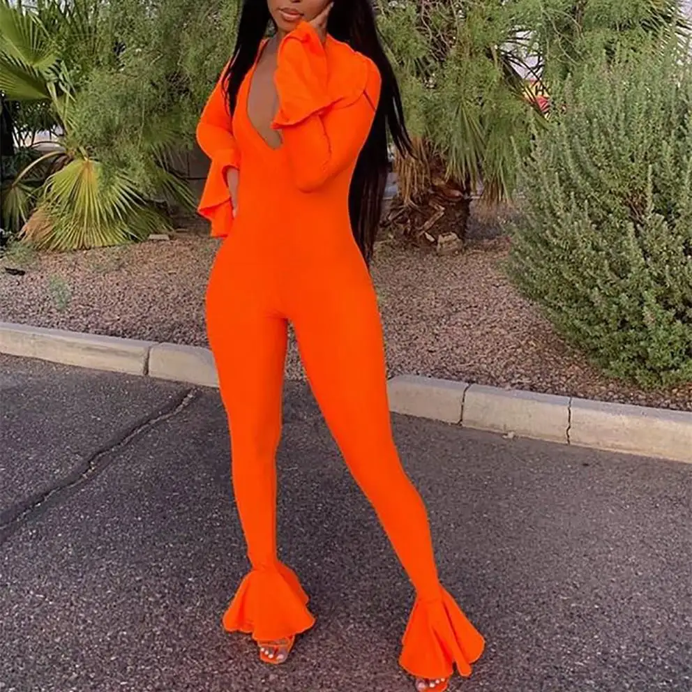 2019 Autumn V Neck Bodycon Jumpsuit Women Elegant Long Ruffles Sleeve