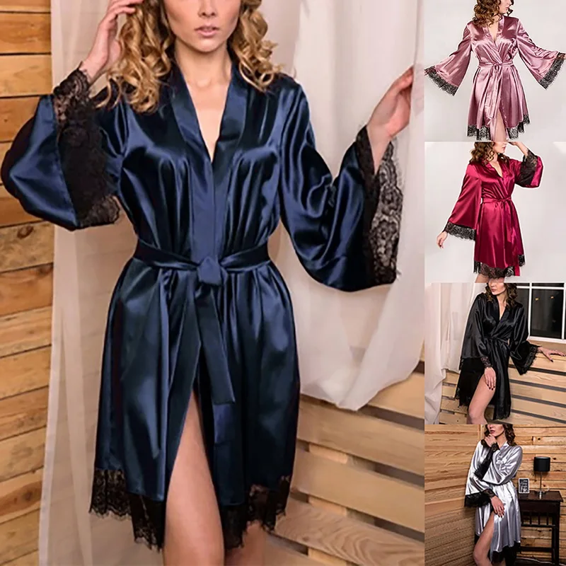 Fashion Silk Satin Kimono Robe Lingerie Sleepwear Belt Bath Bathrobe