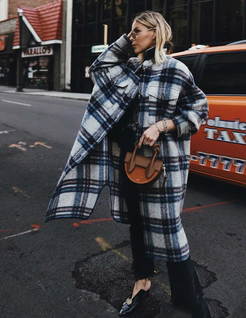 

Autumn 2019 New Lapel Patchwork Plaid Cardigan Wool Coat In The Long Woman Turn-down Collar Plaid Long Women Coats Jackets