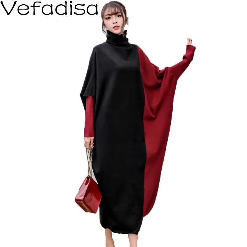 

2020 Spring Winter Patchwork Irregular Dress Women Turtleneck Pullovers Sweater Dress Loose Long Sleeve Dress Women 2019 QYF787