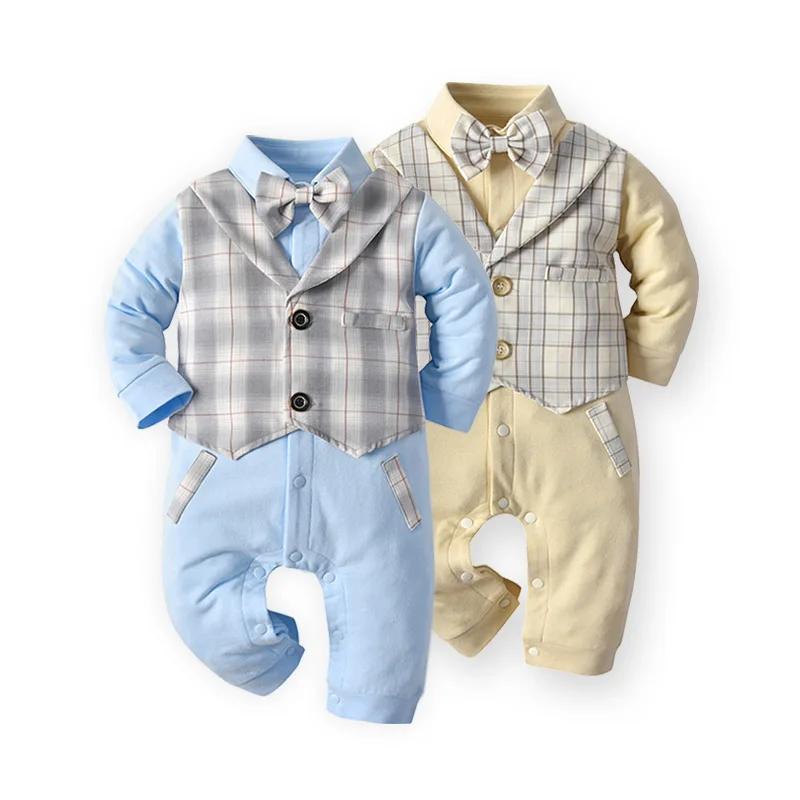 2020 Autumn Children's Wear Gentleman Bow Tie Baby's Romper Long-Sleeve Plaid Fake Two-Piece Baby Out Jump Suit Boy |