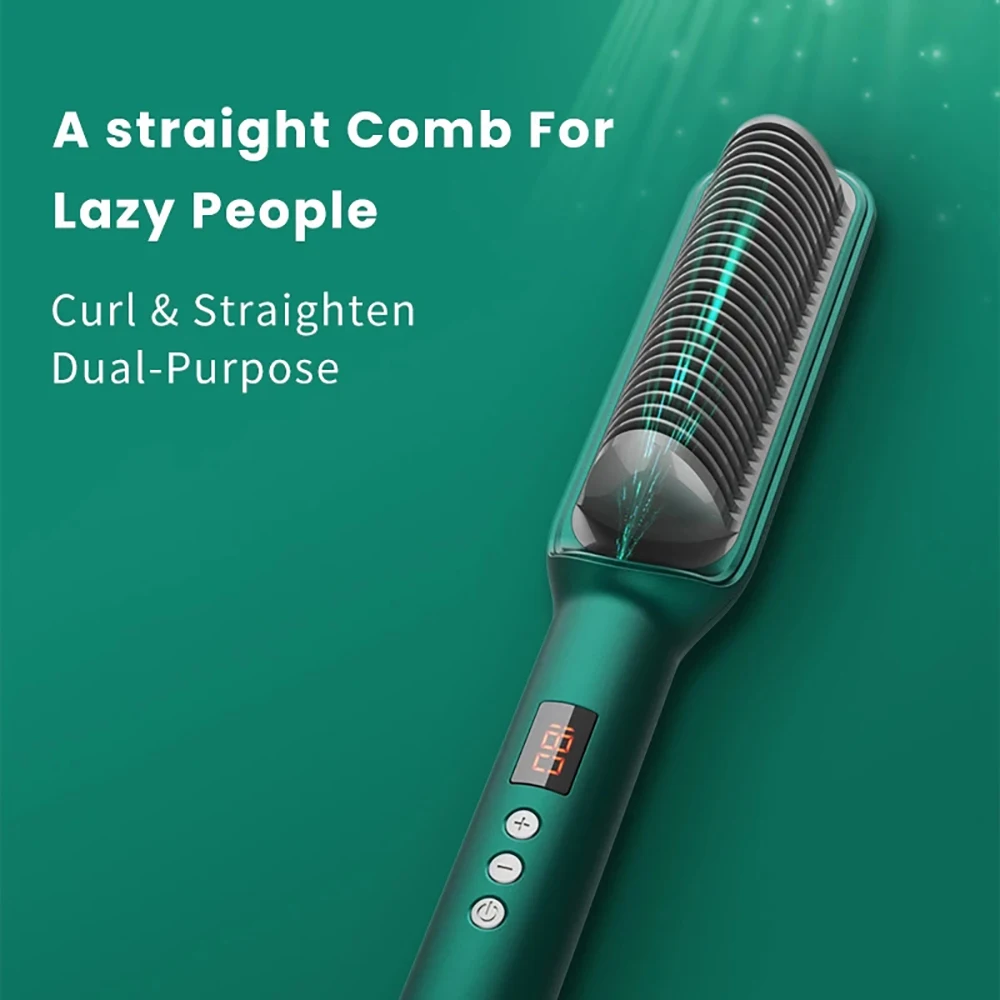 Green Pink Hair Straightener Brush Straightening Iron with Built in Comb 20s Fast Heating & 17 Temp Setting Anti-Scald Tool