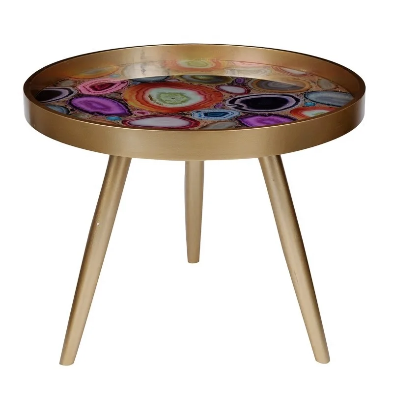 Позолоченный стол с искусственным агатовым каменным верхом/Золотой столик/деревянные ножки