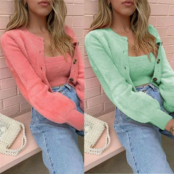 

2PCS Winter Women's Sling Button Coat Sweater Warm Pullover Cardigan Shirt Tops Open Front Warm Sweatshirt Pullover Blouse Set