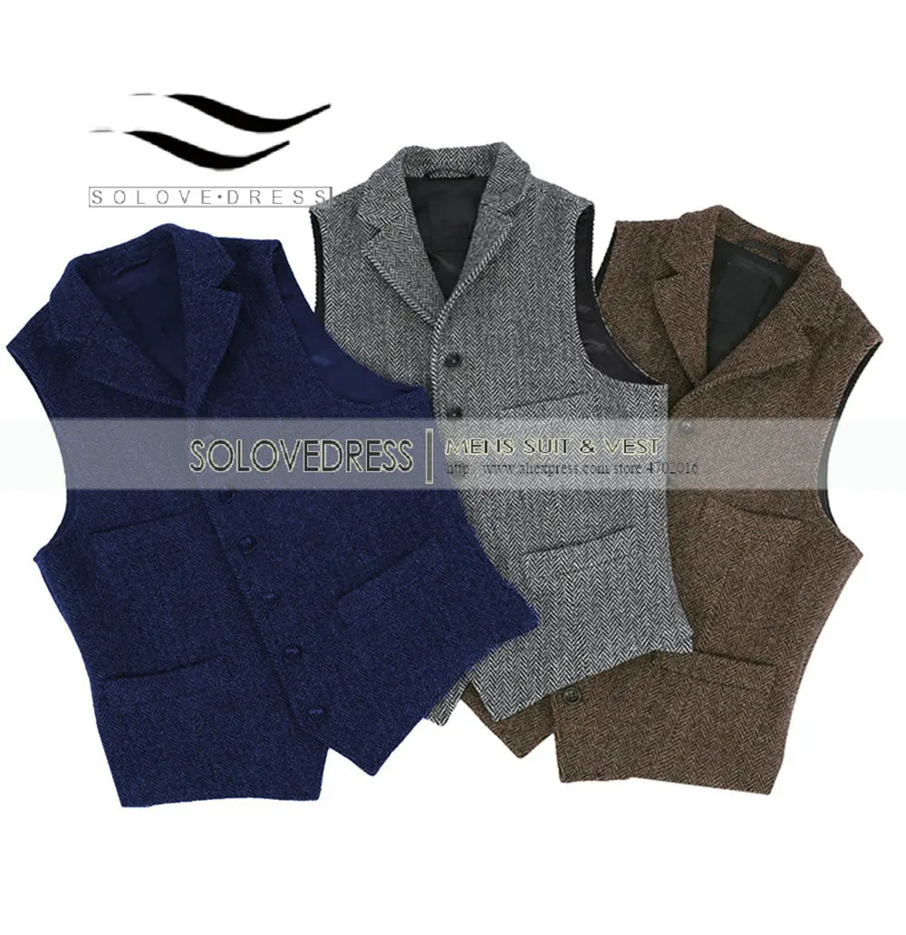 Brown/Blue/Green/Black Men's Tweed Vest Wool Waistcoat Casual Slim Fit Notch Lapel for Winter Leisure Business