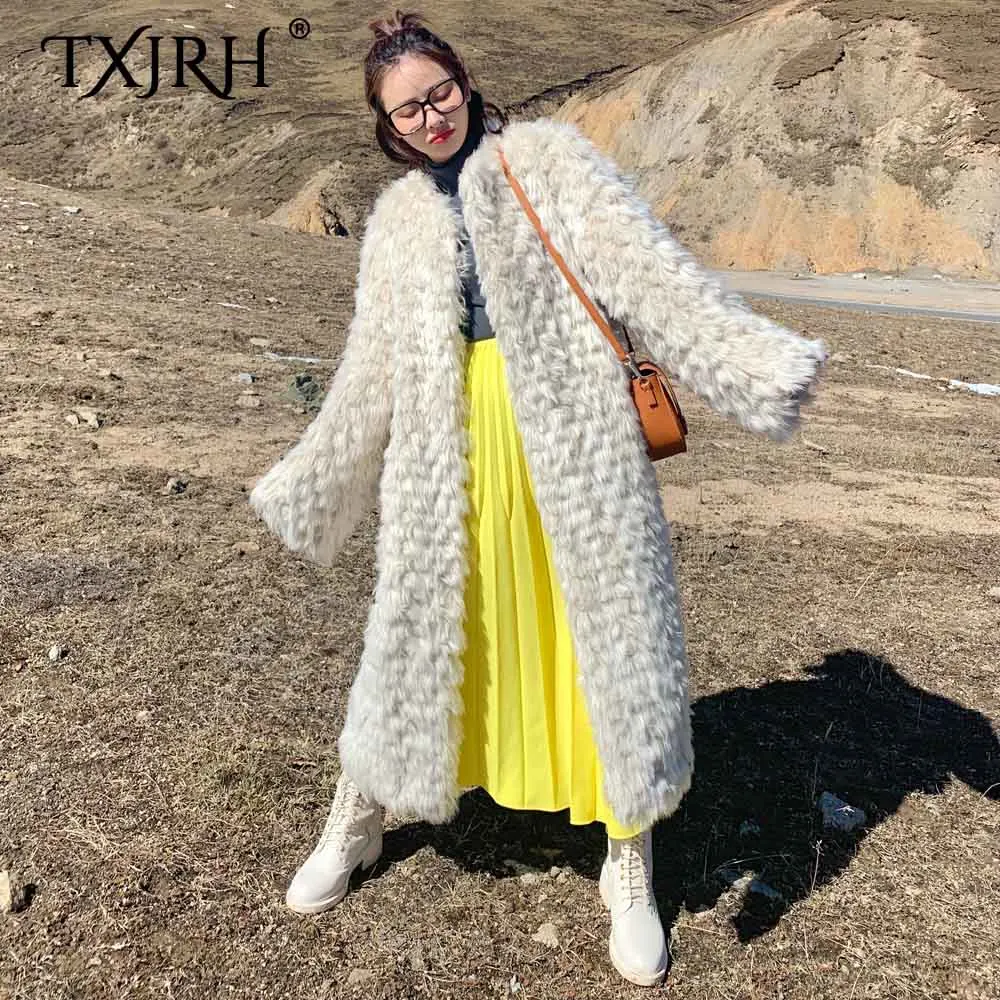 TXJRH корейский кудрявый мохнатый искусственный мех ягненка длинный рукав карманы длинная куртка пальто Модная женская зимняя теплая верхняя одежда топы
