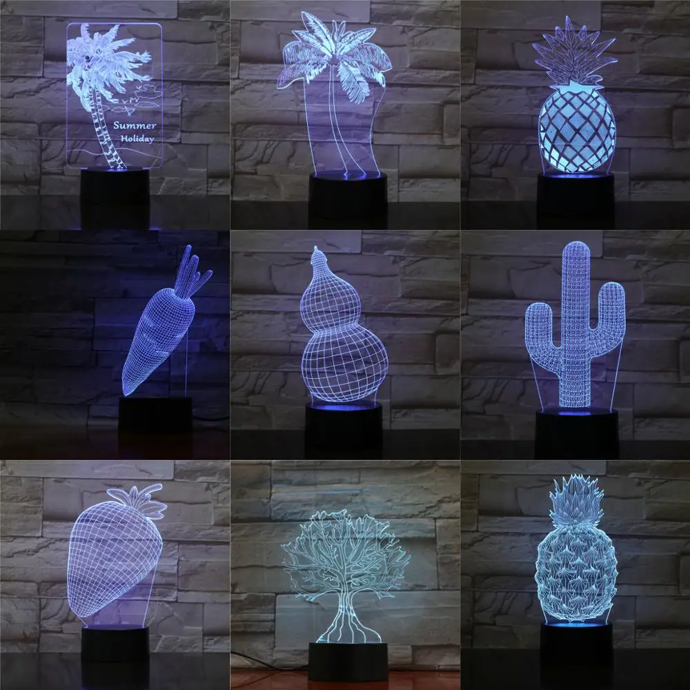 3D Optica завод лампа USB светодиодный ночник кокосовое дерево Клубника день рождения подарок на праздник для детей абстрактный акриловый Lamparas