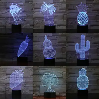 

New 3D Optica Plant Lamp USB LED Night Light Coconut Tree Strawberry Birthday Holiday Present For Kids Abstract Acrylic Lamparas
