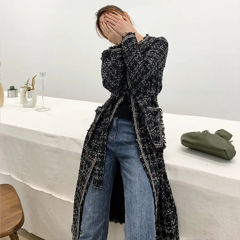 Autumn Winter Jacket Women Belt Pockets Casual Female Outwear Thin Black Checkered Tweed Plaid Long Loose Coat