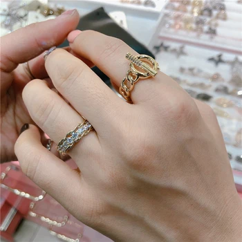 

Peri'sBox 2 Designs Toggle Clasp Gold Rings Curb Link CZ Stone Geometric Rings for Women Minimalist Chain Open Ring Adjustable