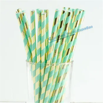 

Free Shipping 300pcs Mint Green Gold Foil Paper Straws Bling Bridal Shower Brunch Glam Baby Shower Decor Wedding Straws