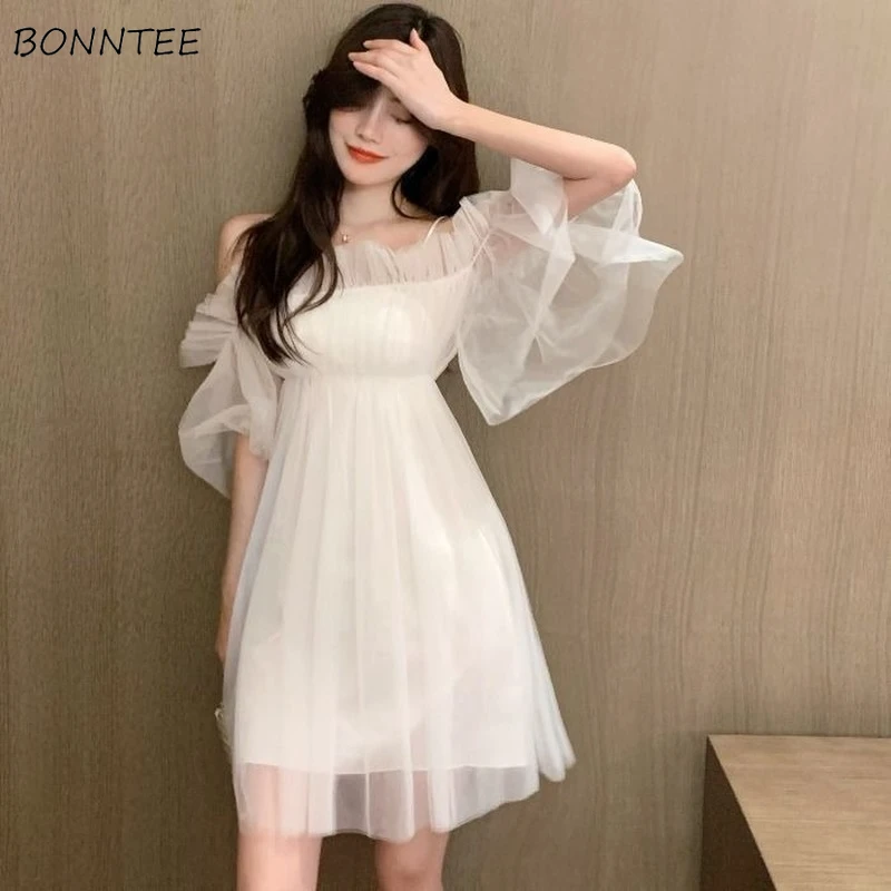 Dress Women Popular Solid Daily Slash Neck Sweet Girls Off The Shoulder Vacation Party Preppy Style Ulzzang All-match Classic cute dresses