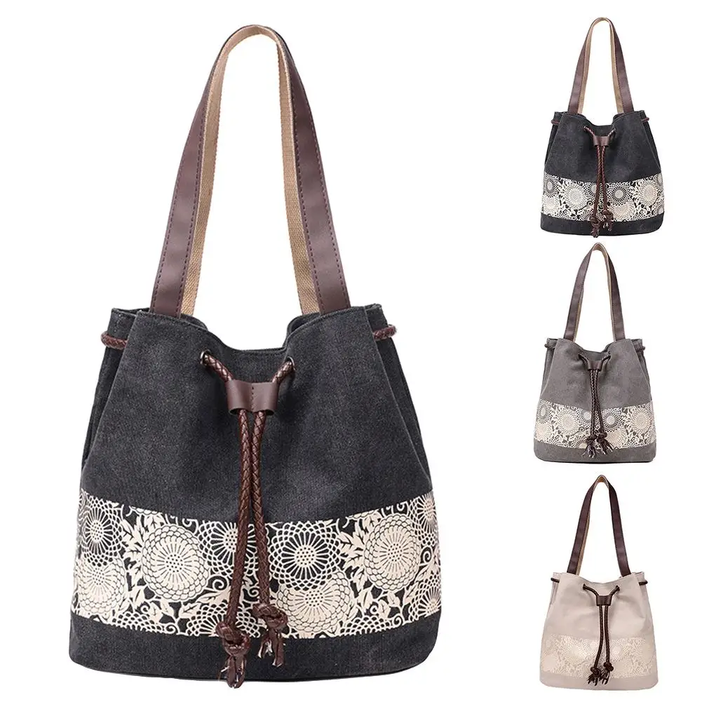 

Casual Tote Large Capacity Female Handbags Ethnic Flower Print Drawstring Canvas Shoulder Bag Handbag ShoppingTote Daily Use