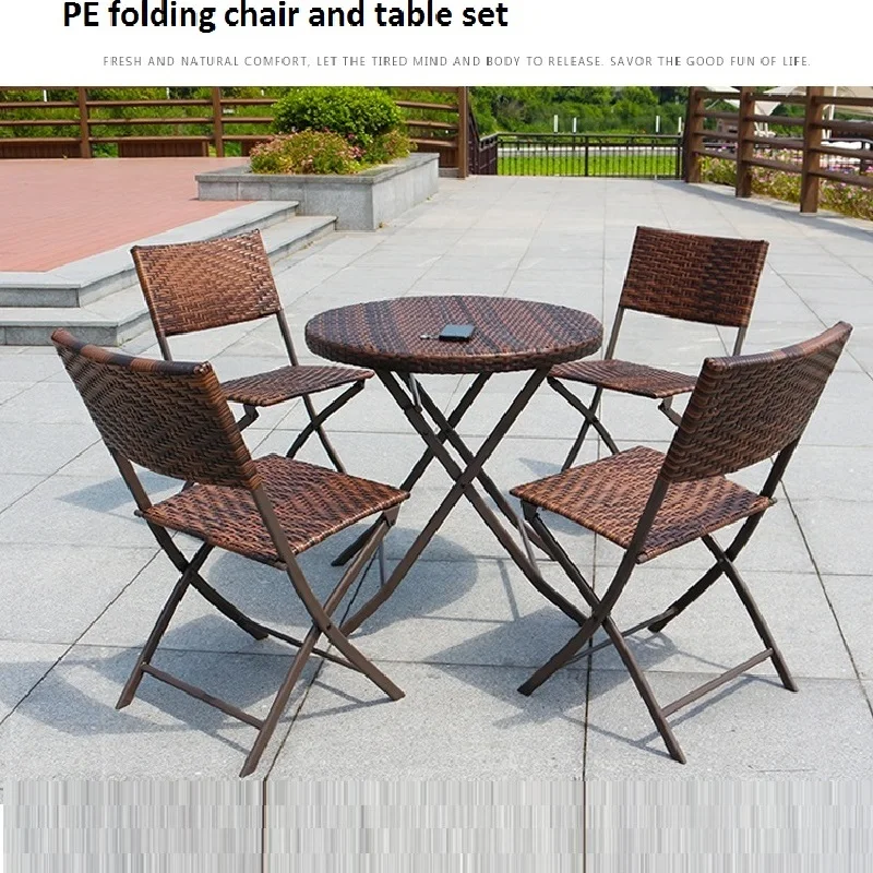 

Garden Courtyard Folding PE Rattan Chair and Table Combination, Outdoor Balcony Leisure Tables and Chairs