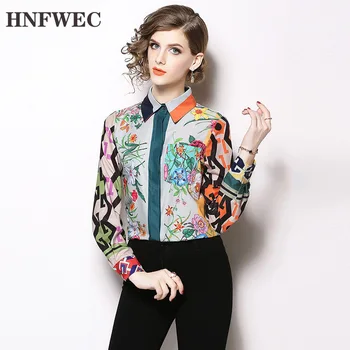 

2019 Spring New Pattern Turn Down Collar Long Sleeve Print Hit Colors Print Single Breasted Bohemian Shirt Women A790