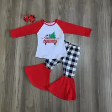 Одежда для маленьких девочек Рождественские наряды для девочек серые штаны в клетку с рисунком рождественской елки и машины эксклюзивная одежда с бантом для девочек