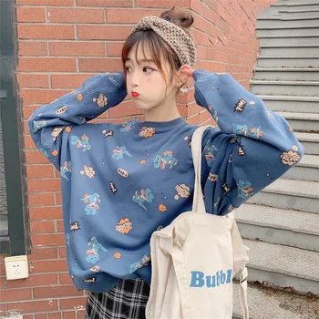 

2019 fall new women's cotton dinosaur cute student coat haze blue Korean version of the round collar guard