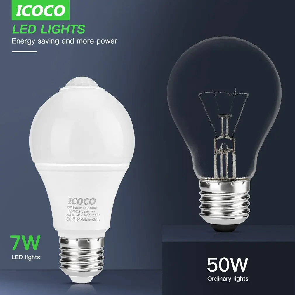 ICOCO 6 шт. PIR датчик движения светодиодный светильник лампа E26 7 Вт 3000 К для передней двери для гаража подвал коридор Прихожая шкаф