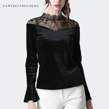 

Women Velvet Blouse Elegant Skinny Black Top Hollow Out Lace Spliced Soft Warm Female Autumn Winter Bottoming Blouses And Tops