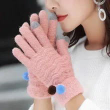 Зимние теплые женские перчатки с помпоном, вязаные перчатки с сенсорным экраном, тянущаяся шерсть, полные митенки для пальцев, женские, мужские вязаные перчатки