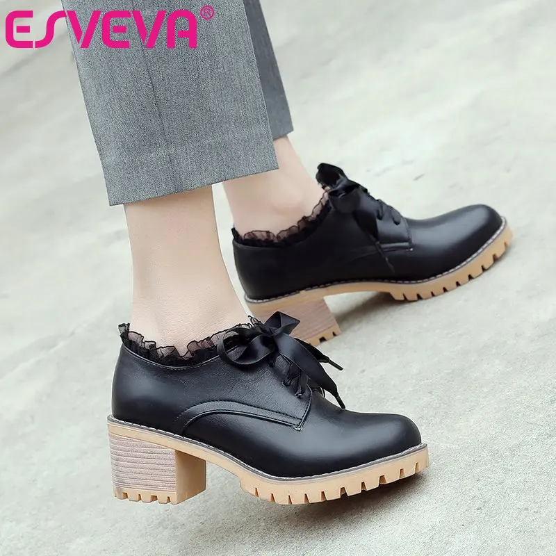 

ESVEVA 2020 Women Shoes Winter Ankle Boots Black Square Med Heel Western PU Leather Motorcycle Black Platform Boot Size 34-43