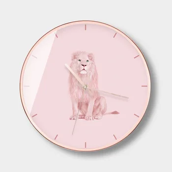 

Girls Living Room Wall Clock Modern Design Simple Silent Quartz Clock Wall Creative Lion Pink Bedroom Round Wall Watch AA50ZB