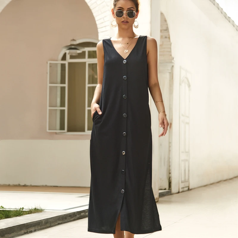 

Straight MAXI Dress Solid Single-breasted Vest V-neck Sleeveless Split Dress Elegant Casual Office Robe Femme Summer Dress Women