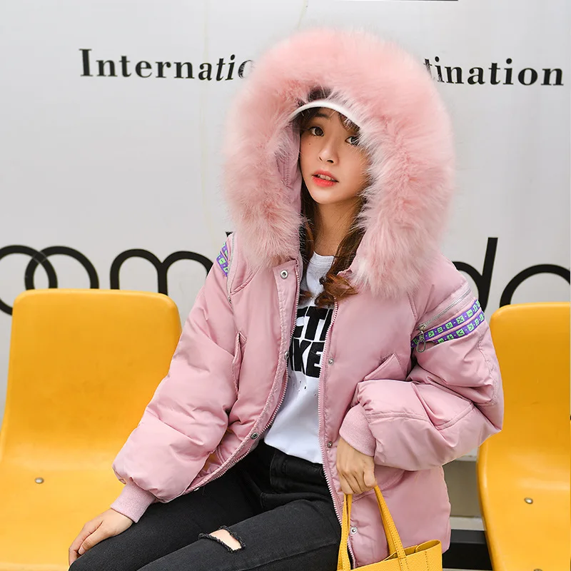 Зимняя женская куртка с капюшоном с меховым воротником, парки размера плюс, женские зимние пальто и куртки, свободное короткое пальто, женские парки, пальто Femenina - Цвет: Розовый