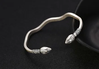 

990 Sterling Silver thai women wave fish lotus seedpod Bracelet Cuff A4200