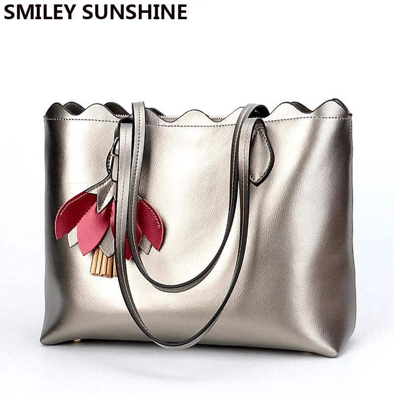 

SMILEY SUNSHINE Ladies Genuine Leather Bags Women Leather Handbags Female Big Shoulder Bags Silver Flower Ladies Hand Bags Tote