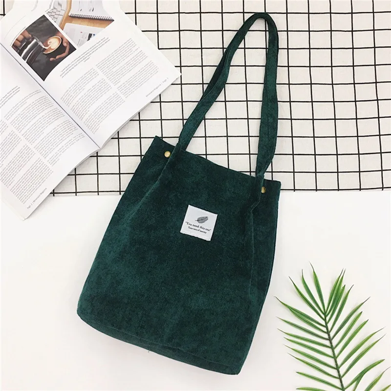 Litthing, Женские однотонные вельветовые сумки на плечо, сумка для покупок, большая посылка, сумки через плечо, кошельки, Повседневная сумка для женщин, сумка для книг - Color: green