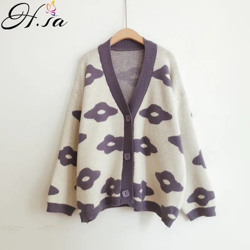 

H.SA 2019 Women Cardigans Autumn Winter New Casual Floral Knitted Sweater Cardigans Open Stitch Loose Jacket Knit Long Coats
