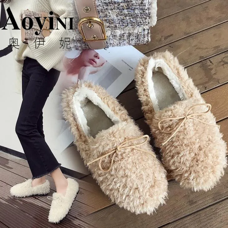 

2019 Warm Winter Shoes Cute Bow Women Ballet Flats Soft Fur Padded Cotton Shoes Woman Ankle Snow Boots Slip On