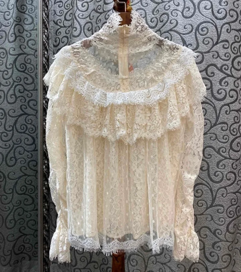 High Quality Lace Blouses Autumn Tops Shirt Women Turtleneck Ruffles Patchwork Long Sleeve Sexy Lace Shirt Blusas Feminino