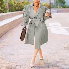 

Trench Coat for Women 2021 Autumn Winter New Ruffles Sashes Button Full Sleeve Turn Down Collar Fashion High Street Wear Outwear