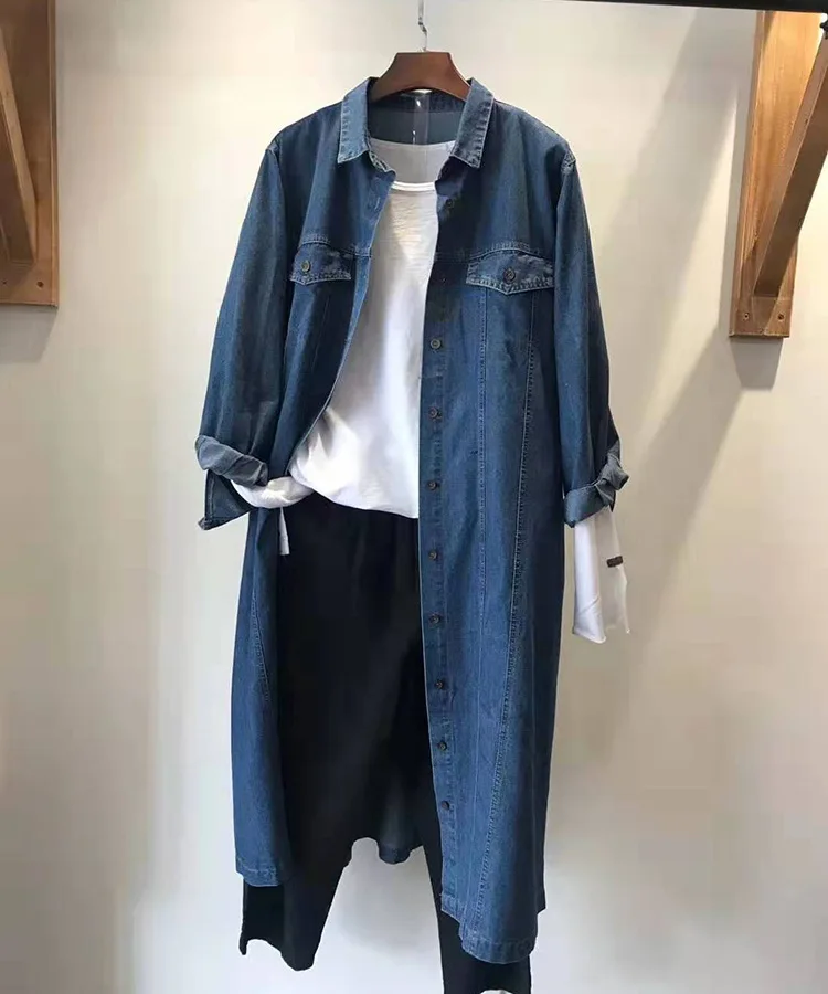 

A Few Slices of Origional Literature And Art Simple Versatile Cowboy Long Cardigan Solid Color Cotton Cowboy Long Outdoor Trench