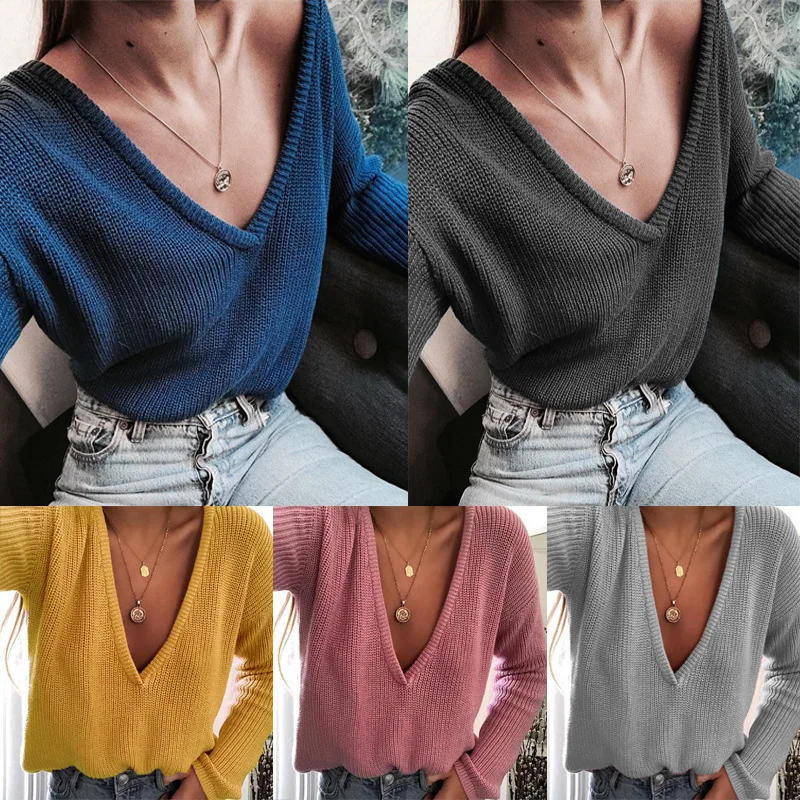 

Large code pure color multi-color deep V long-sleeved sweater sweater