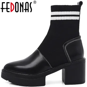 

FEDONAS Fashion Platform Genuine Leather Shoe Woman 2020 Autumn Winter High Heels Boots Boots Female Party Casual Ankle Boots