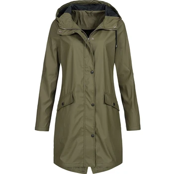 

Woman Classic Trench Coat Waterproof Outerwear Raincoat Ladies Fashion Long Sleeve Hooded Windbreaker Hiking Coats