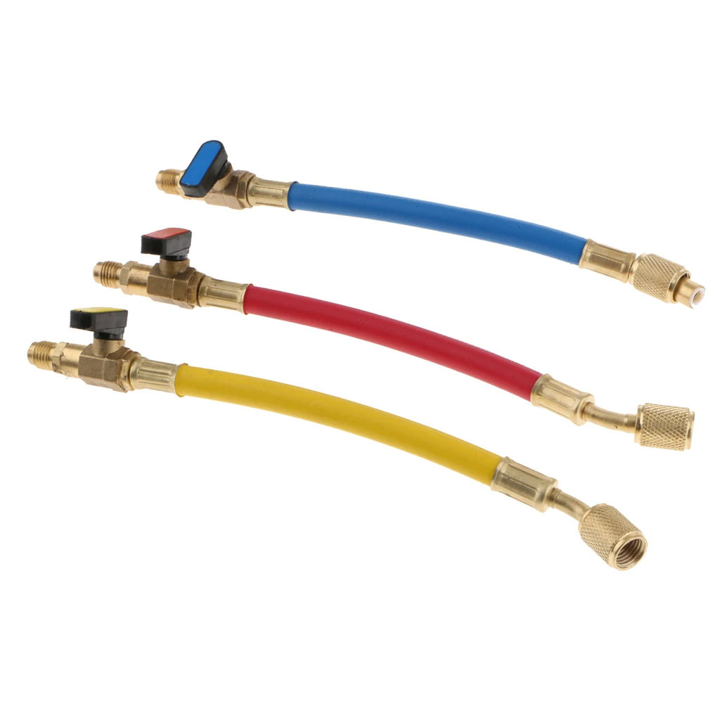 3 Pieces A/C HVAC R134A R410A R22 R12 Short Charging Hoses with Ball Valves