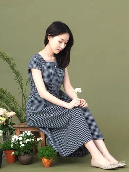 

CYNTHIA 2020 Summer Women Plaid Dresses Female Vintage Short-sleeve Square-collar Slim-fit Cotton Long Dresses