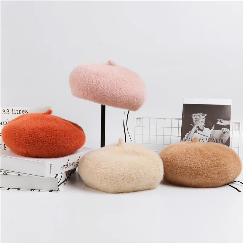 

2019 new upgraded version of thick three-dimensional beret ladies velvet painter hat autumn and winter plush bud hat