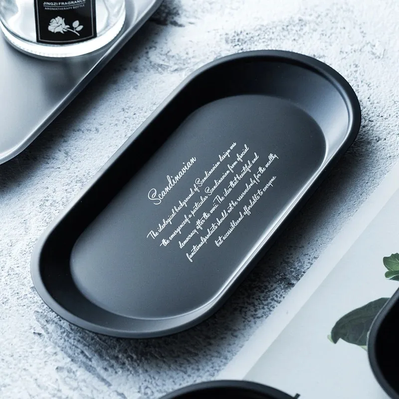 New Black Metal Storage Tray Oval Lettering Fruit Plate Small Items Jewelry Display Tray Mirror Storage Home